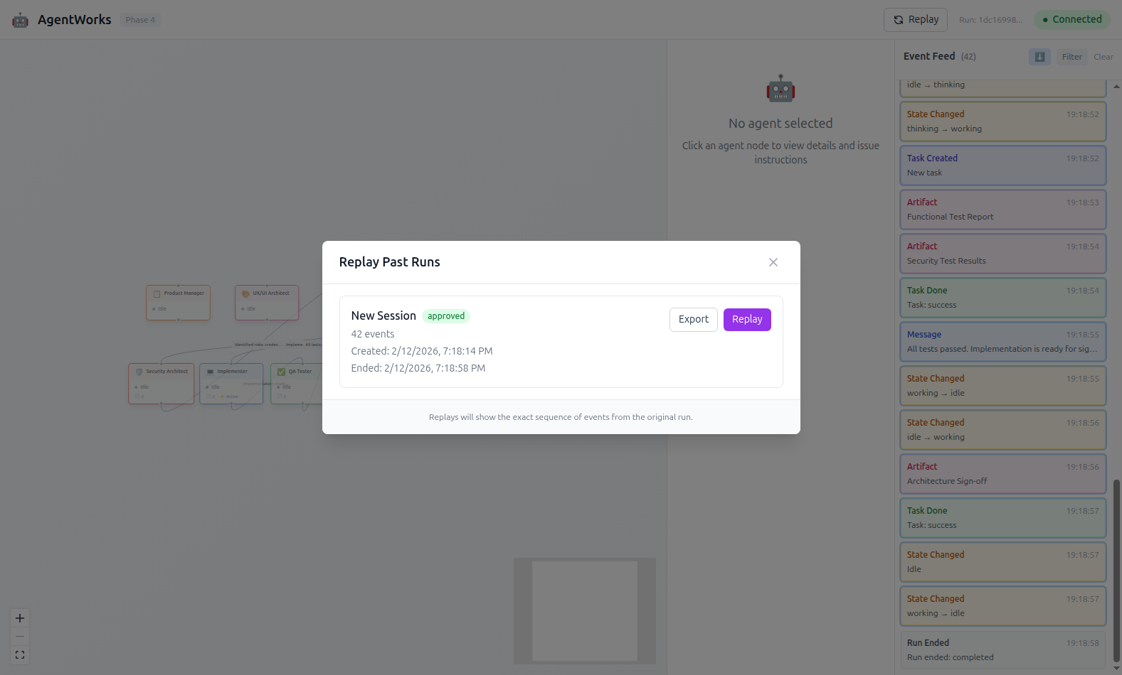 Replay Past Runs modal showing session with 42 events, timestamps, and full event history with state transitions