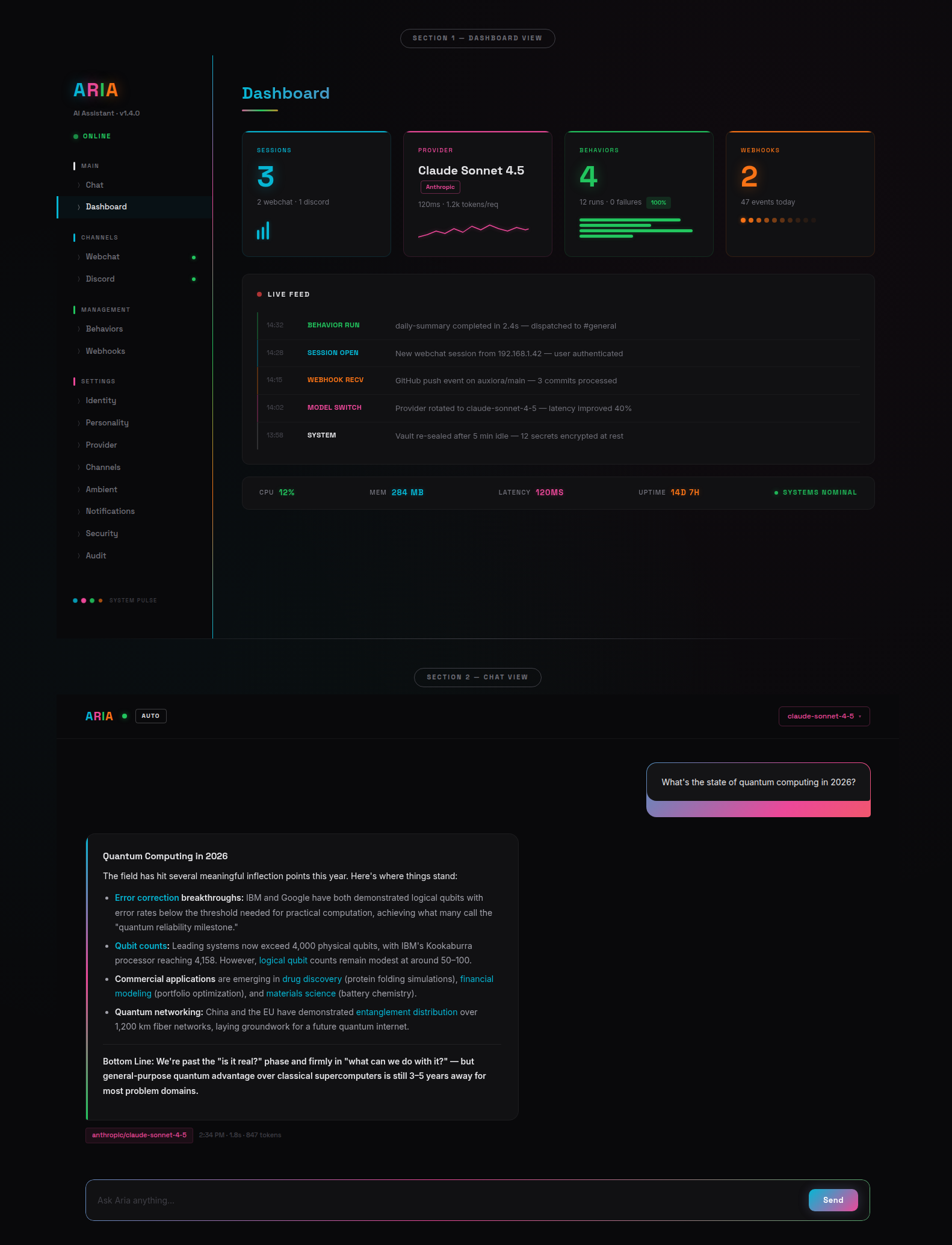 Auxiora Neon theme — dark dashboard with rainbow accent borders and live feed