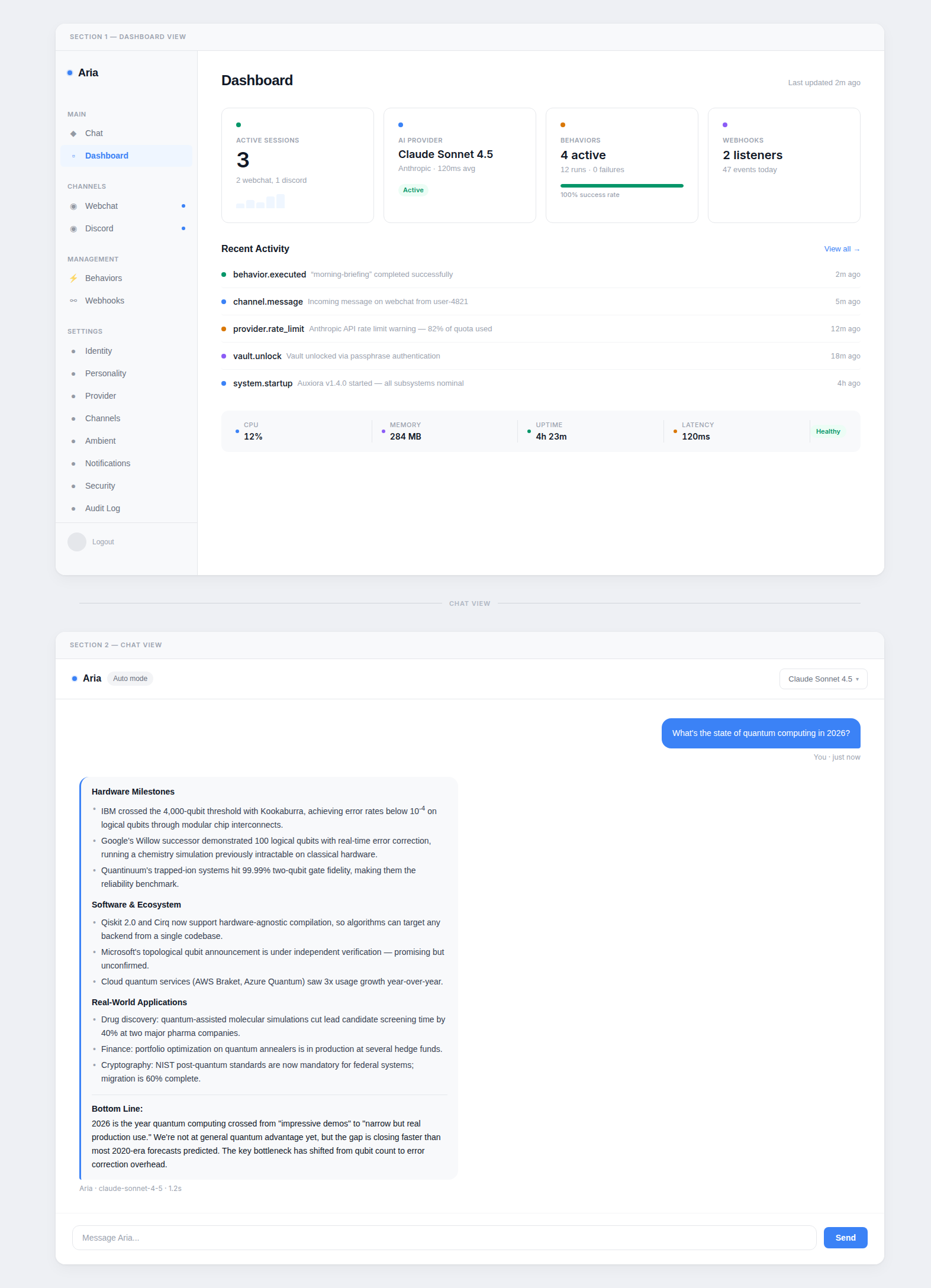 Auxiora Polar theme — clean light mode dashboard with blue accents