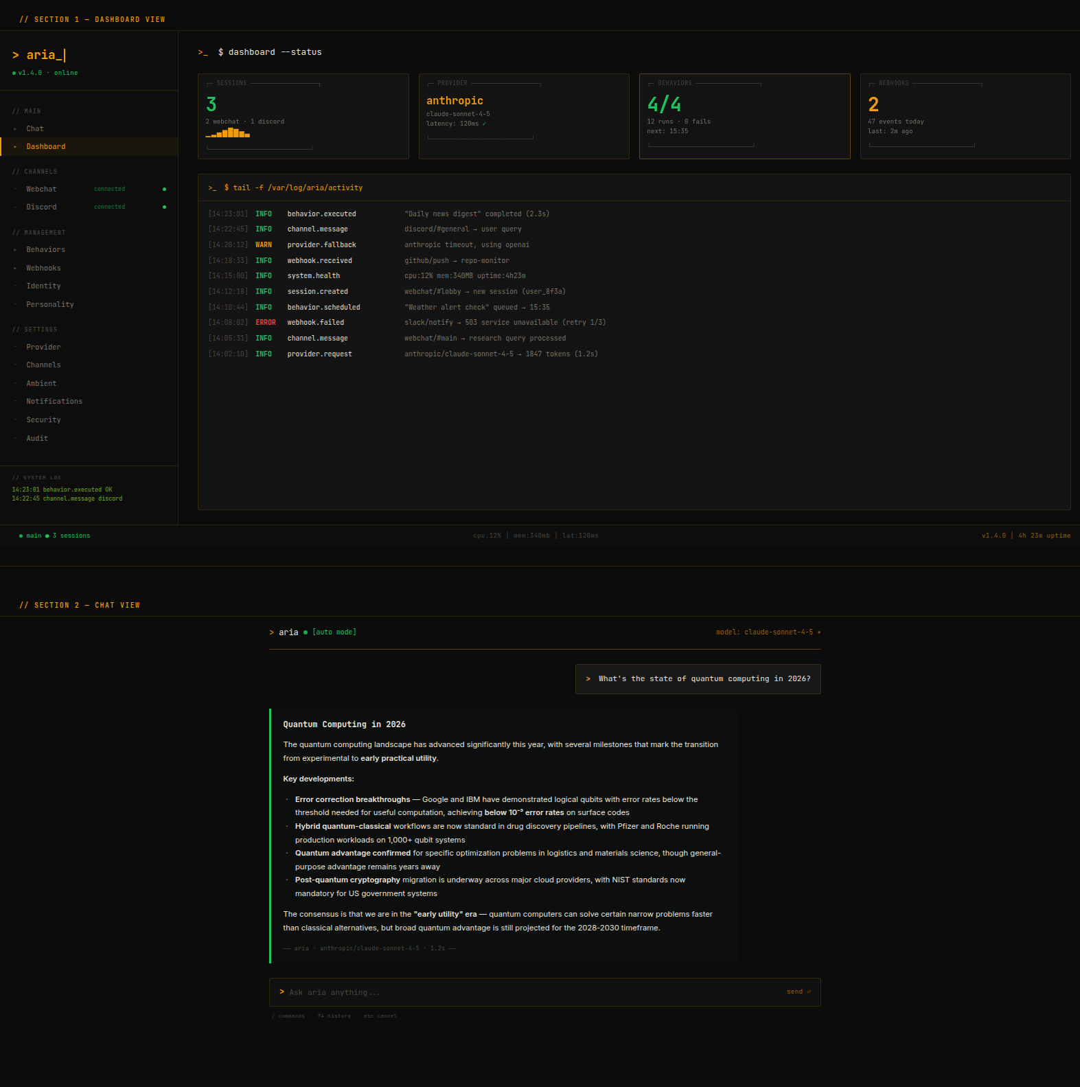 Auxiora Signal theme — amber/green terminal-style dashboard and chat