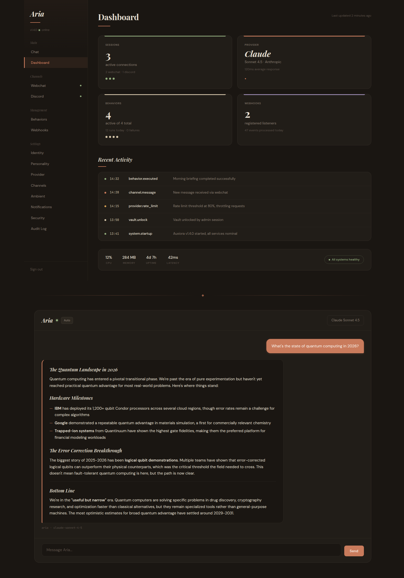 Auxiora Terra theme — warm earth-tone dashboard with sepia accents