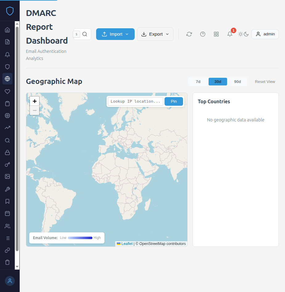 Geographic map view with email volume heatmap, IP location lookup, and top countries panel