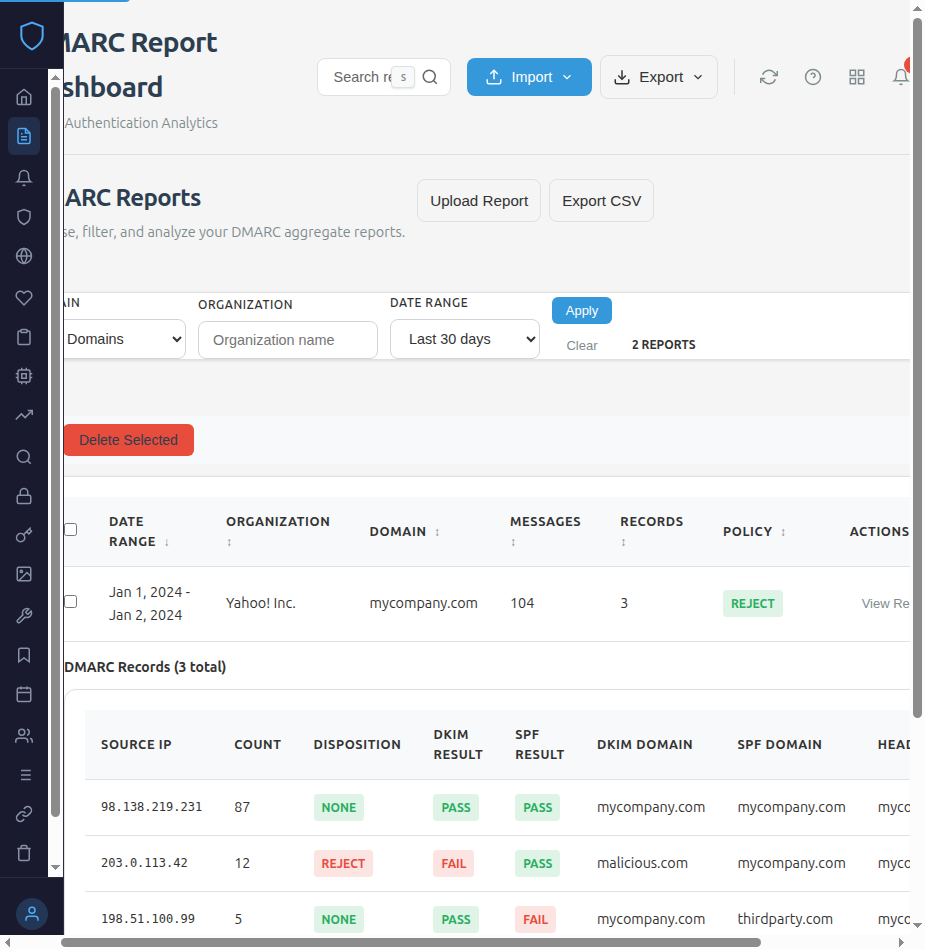 DMARC report records showing source IPs with DKIM and SPF pass/fail results, disposition status, and domain alignment