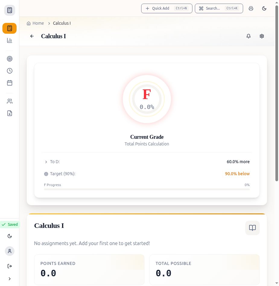 Calculus I class detail with grade ring, points tracking, and weighted categories