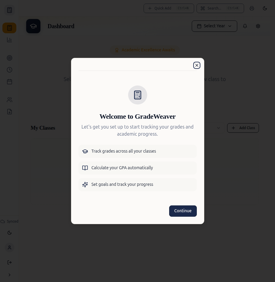 GradeWeaver welcome dialog overlay with quick-start instructions on the dashboard