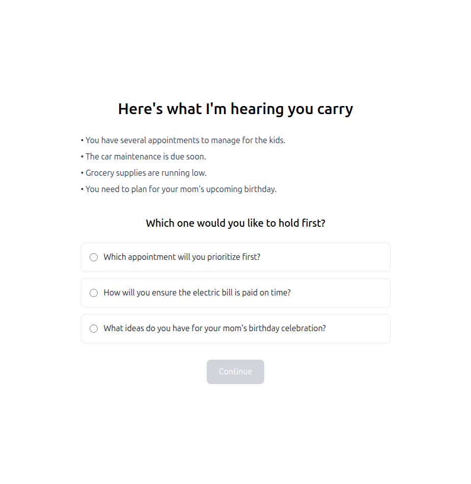 Reflection page summarizing family concerns with prioritization options for appointments, car maintenance, groceries, and birthday planning