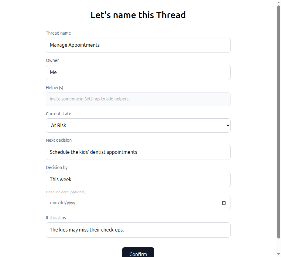 Thread creation form with name, owner, helpers, current state, next decision, deadline, and consequences fields for managing family tasks