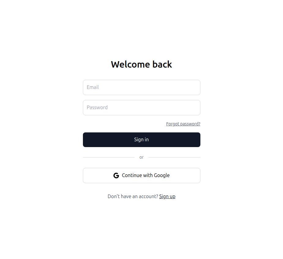 Login page with email, password fields, Google sign-in option, and sign up link