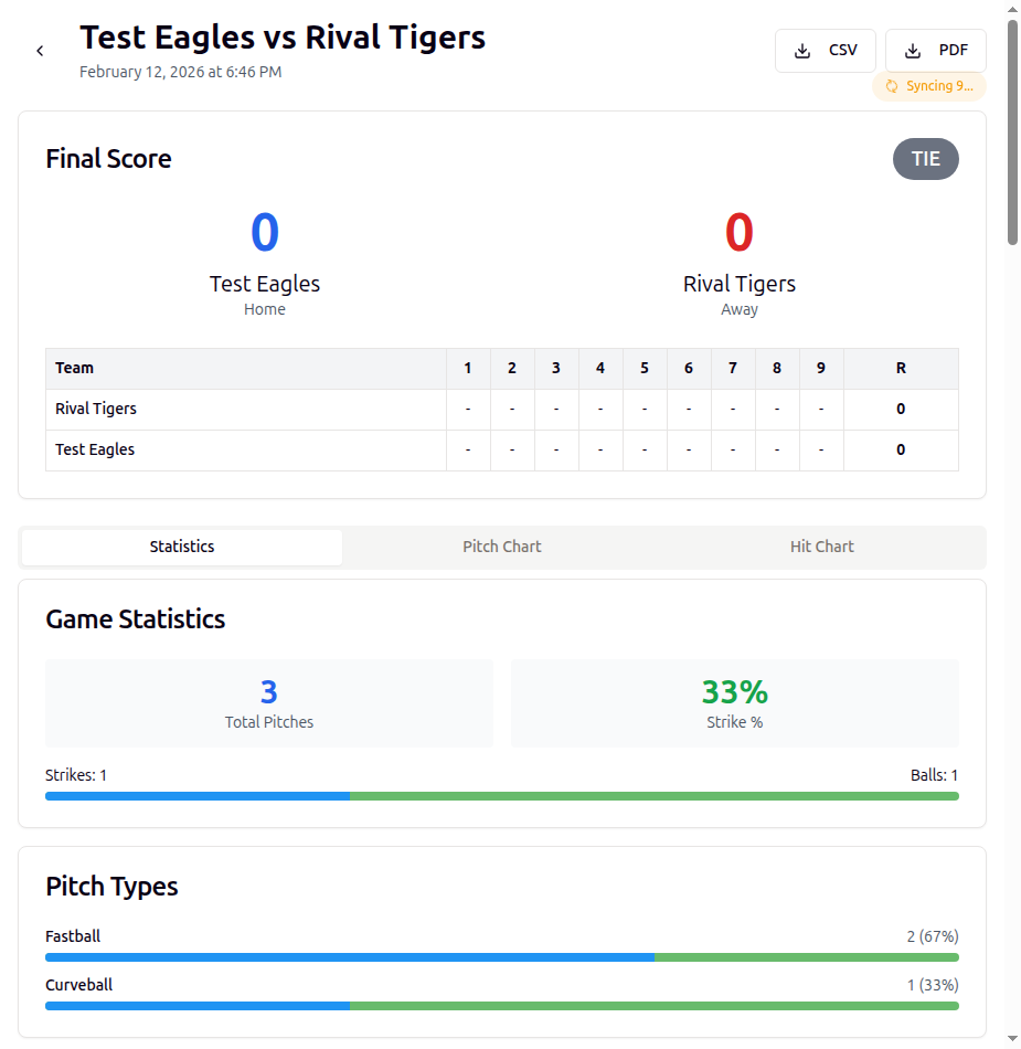 Game detail view with scoreboard, pitch count statistics, strike percentage, and pitch type breakdown