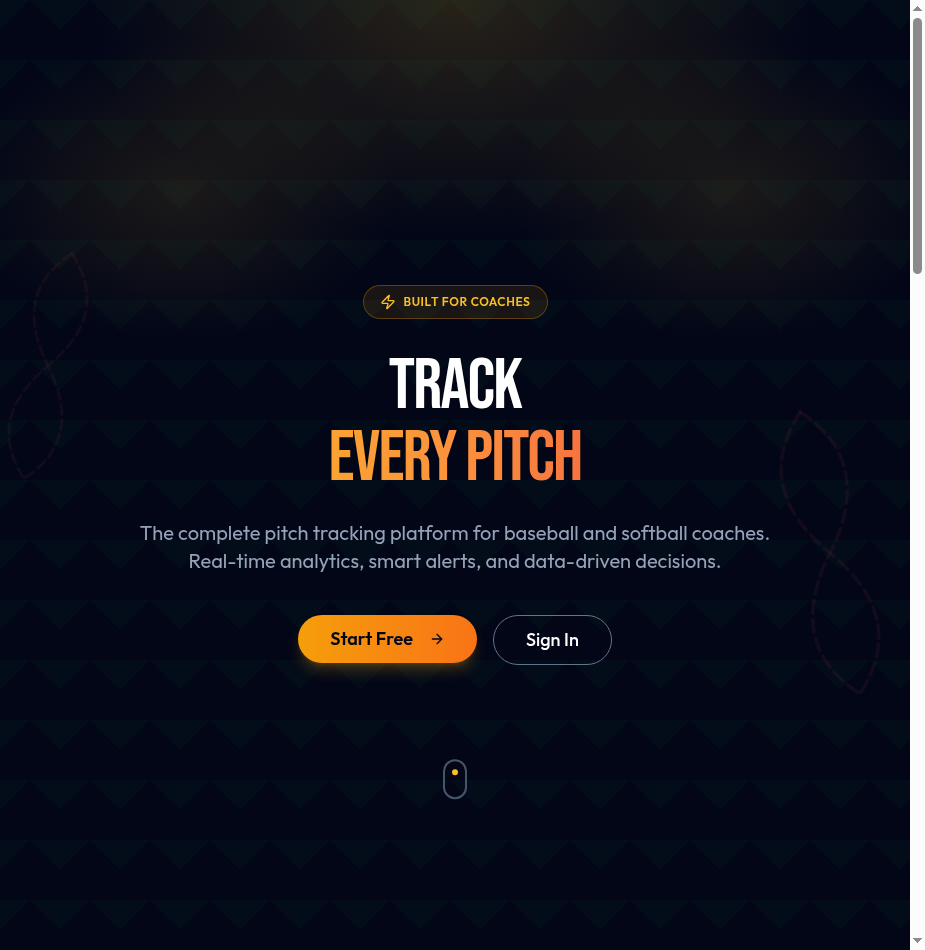 PitchTracker landing page with Track Every Pitch headline and Start Free call-to-action