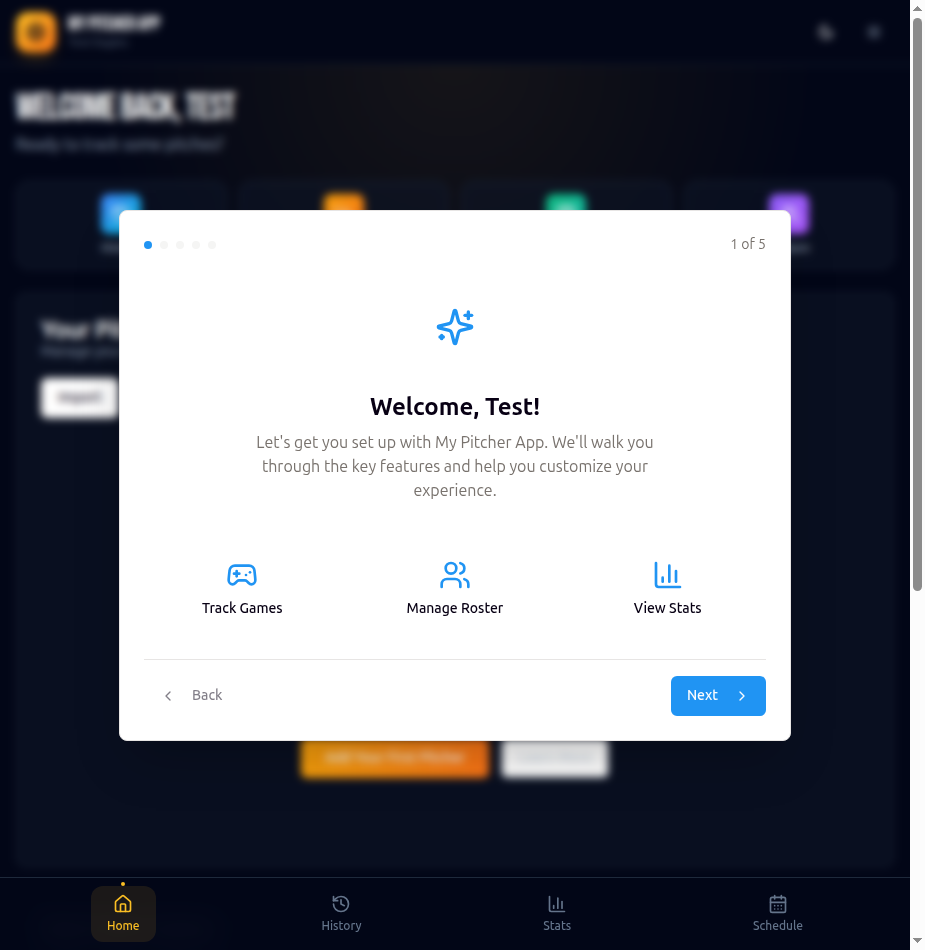 PitchTracker onboarding tour showing Track Games, Manage Roster, and View Stats feature highlights