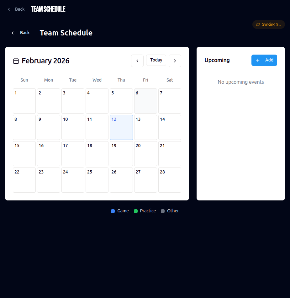 Team schedule calendar with monthly view, upcoming events panel, and game/practice color coding