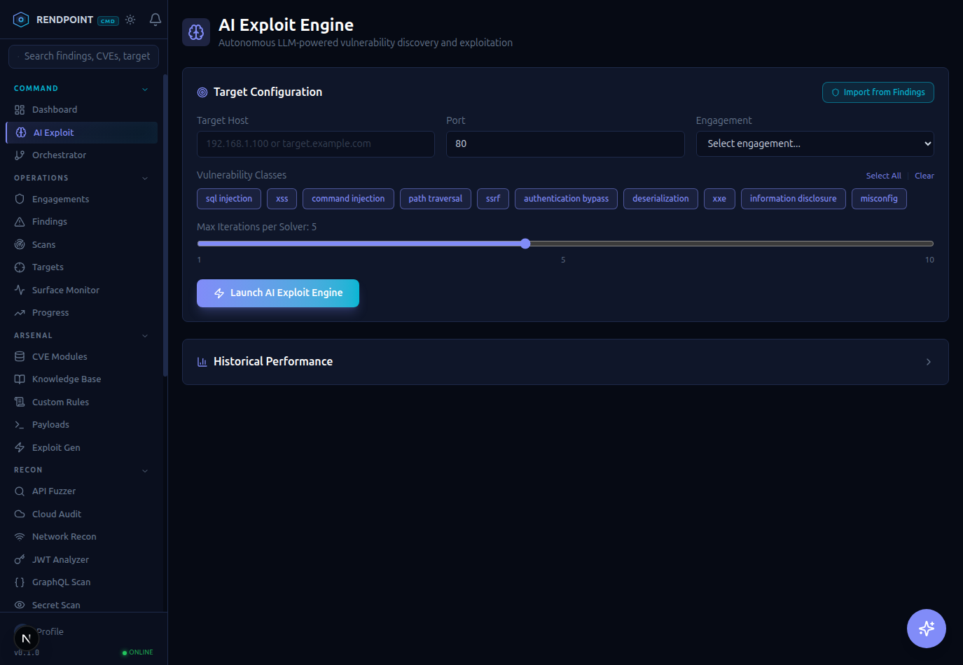 AI Exploit Engine interface for autonomous LLM-powered vulnerability discovery
