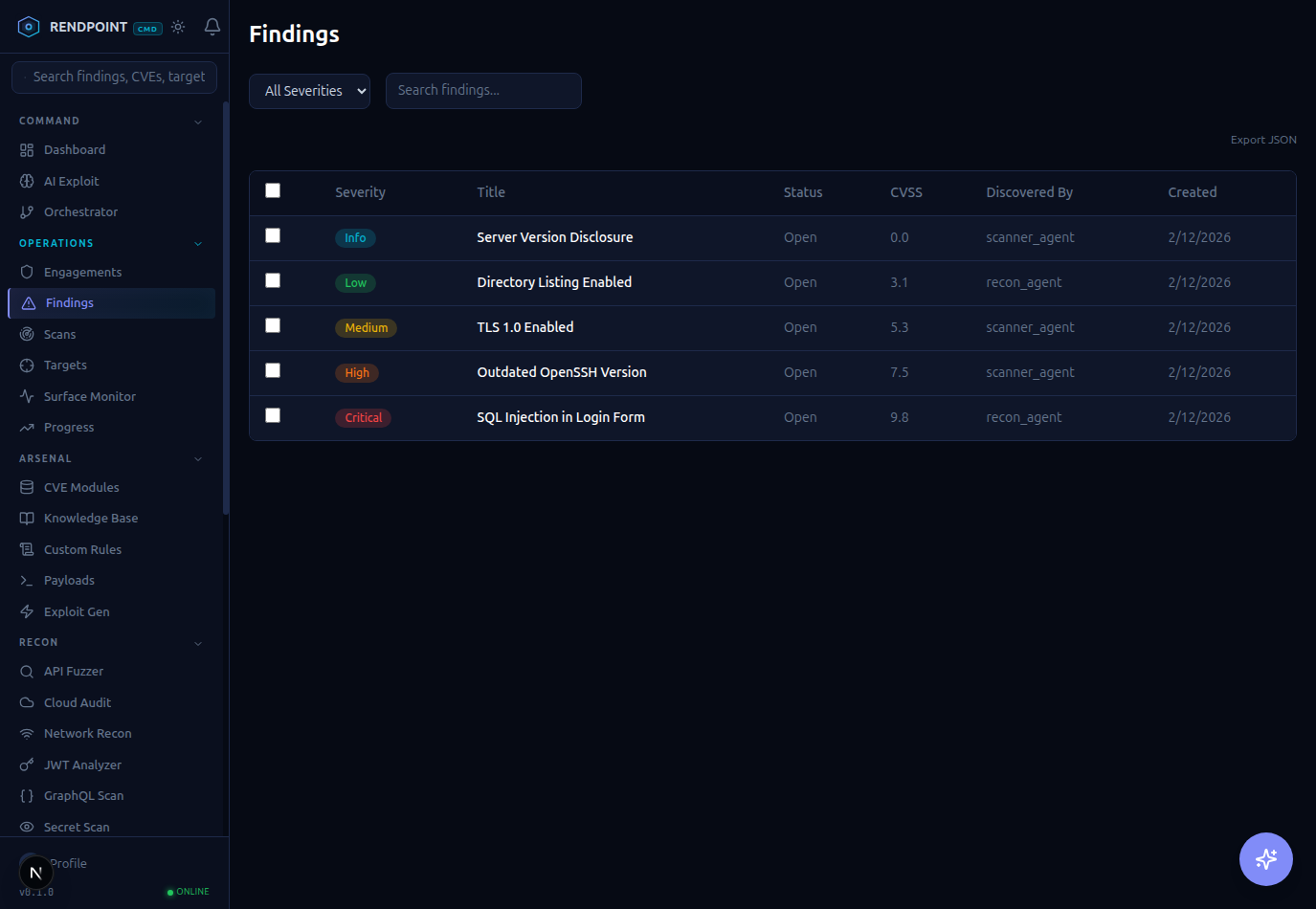 Findings dashboard showing severity-ranked vulnerabilities discovered by AI agents