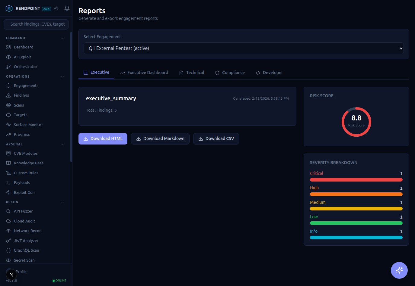 Reports page with executive summary, risk score, and severity breakdown