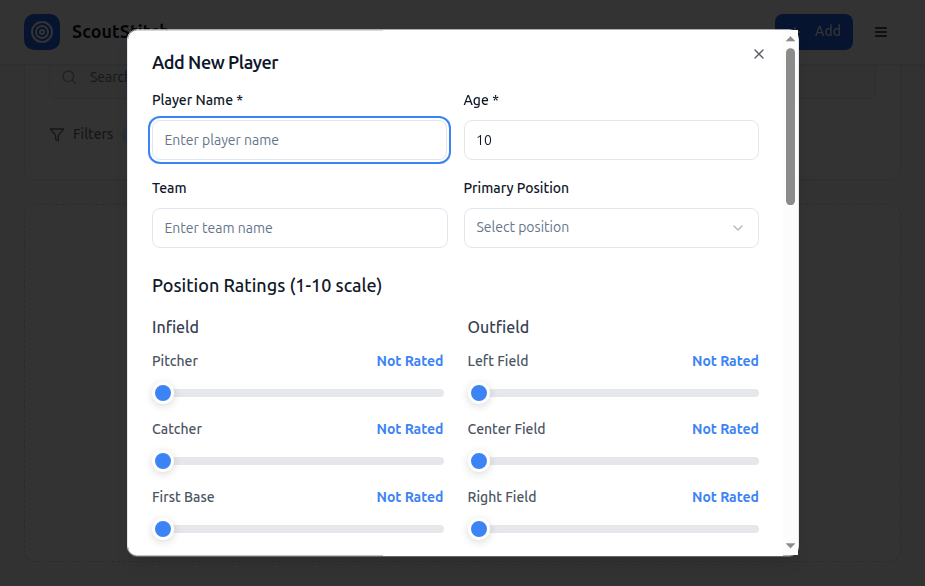 Add New Player modal with name, age, team, position fields and infield/outfield position rating sliders on 1-10 scale
