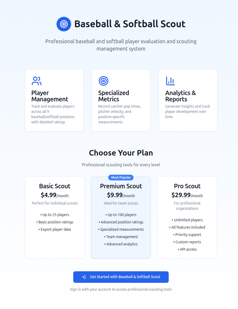 ScoutStitch landing page with feature highlights for Player Management, Specialized Metrics, and Analytics plus tiered pricing plans