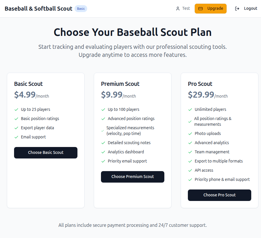 Subscription plans page with Basic Scout, Premium Scout, and Pro Scout tiers from $4.99 to $29.99 per month