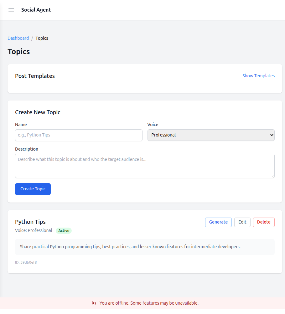 Topics management page with Create New Topic form and existing Python Tips topic showing Professional voice, Active status, and Generate/Edit/Delete controls