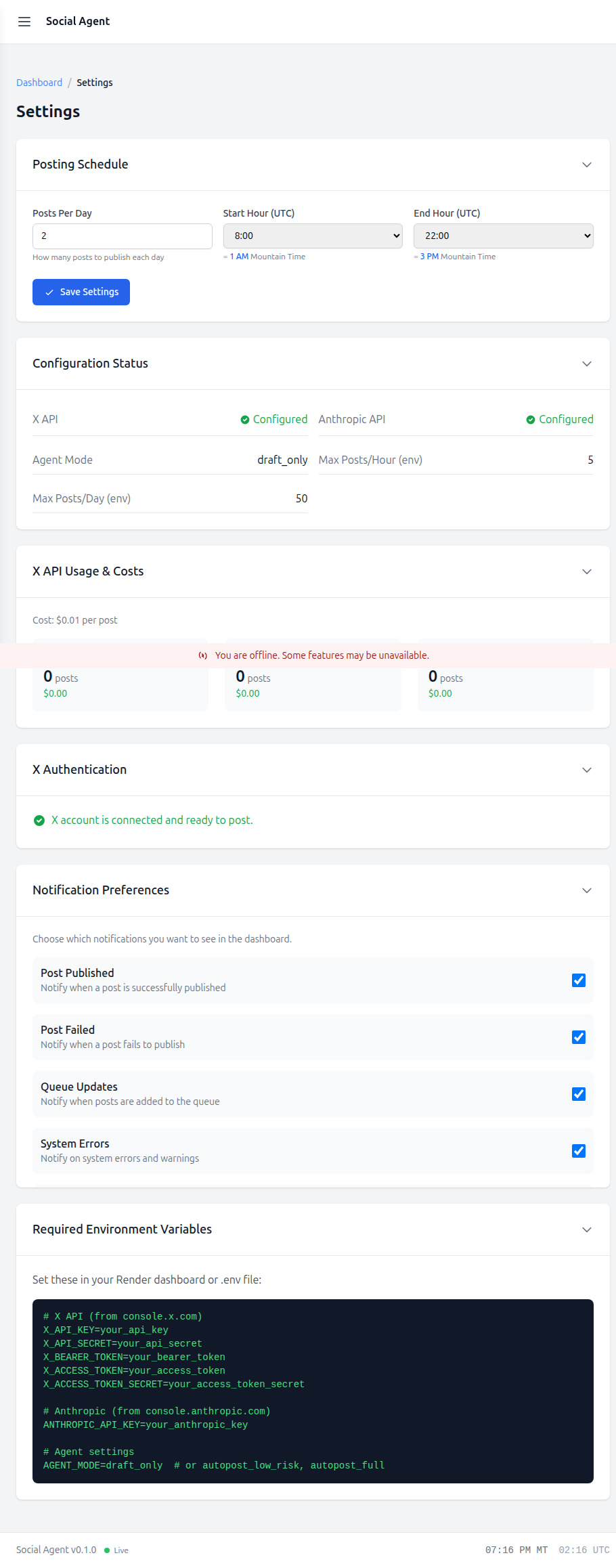 Settings page with posting schedule, configuration status, X API usage and costs, authentication status, notification preferences, and environment variable reference