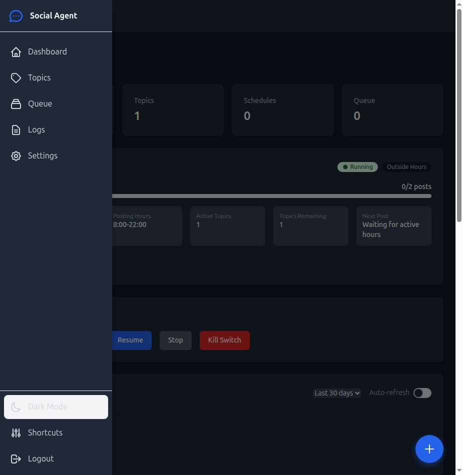 Dark mode dashboard with sidebar navigation showing Dashboard, Topics, Queue, Logs, and Settings links plus agent controls with Resume, Stop, and Kill Switch buttons