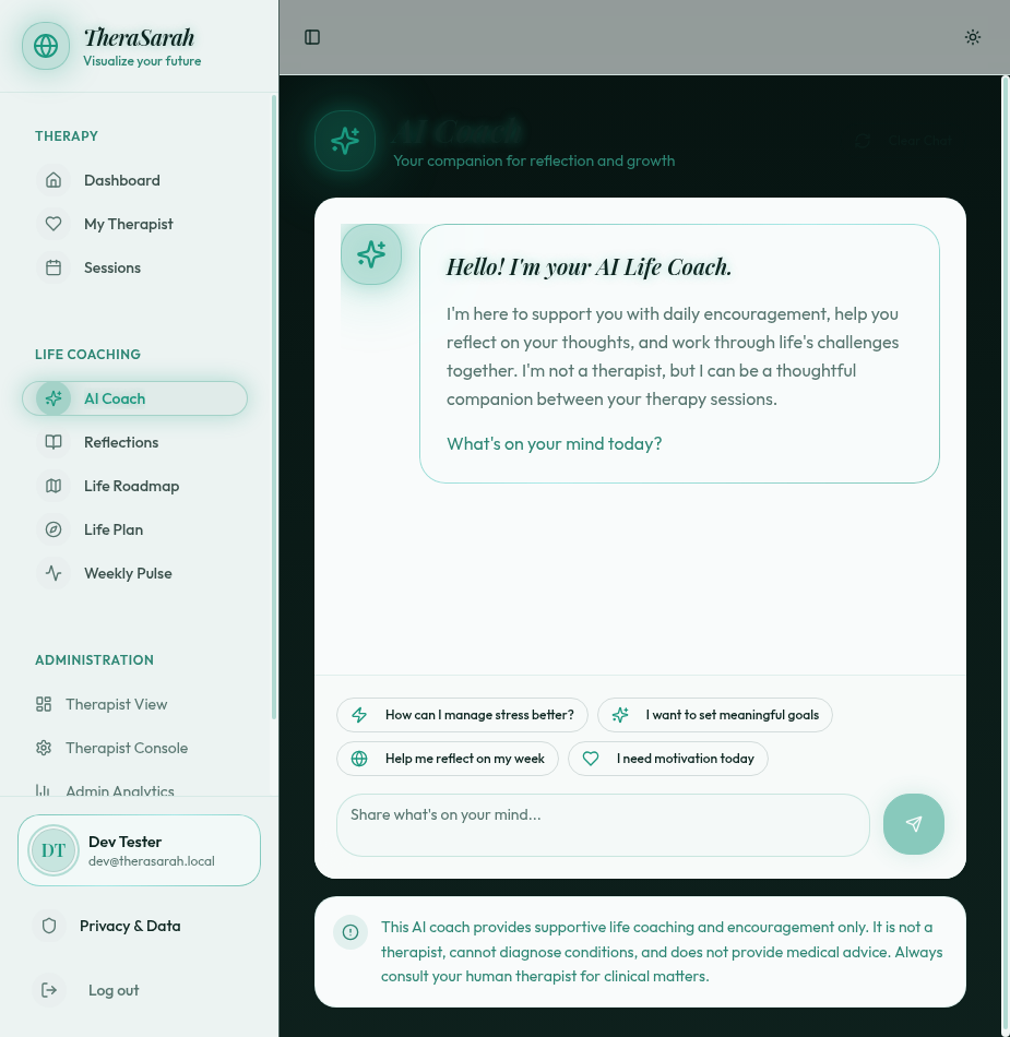 AI Life Coach chat interface with guided prompts, safety disclaimer, and therapist-defined guardrails