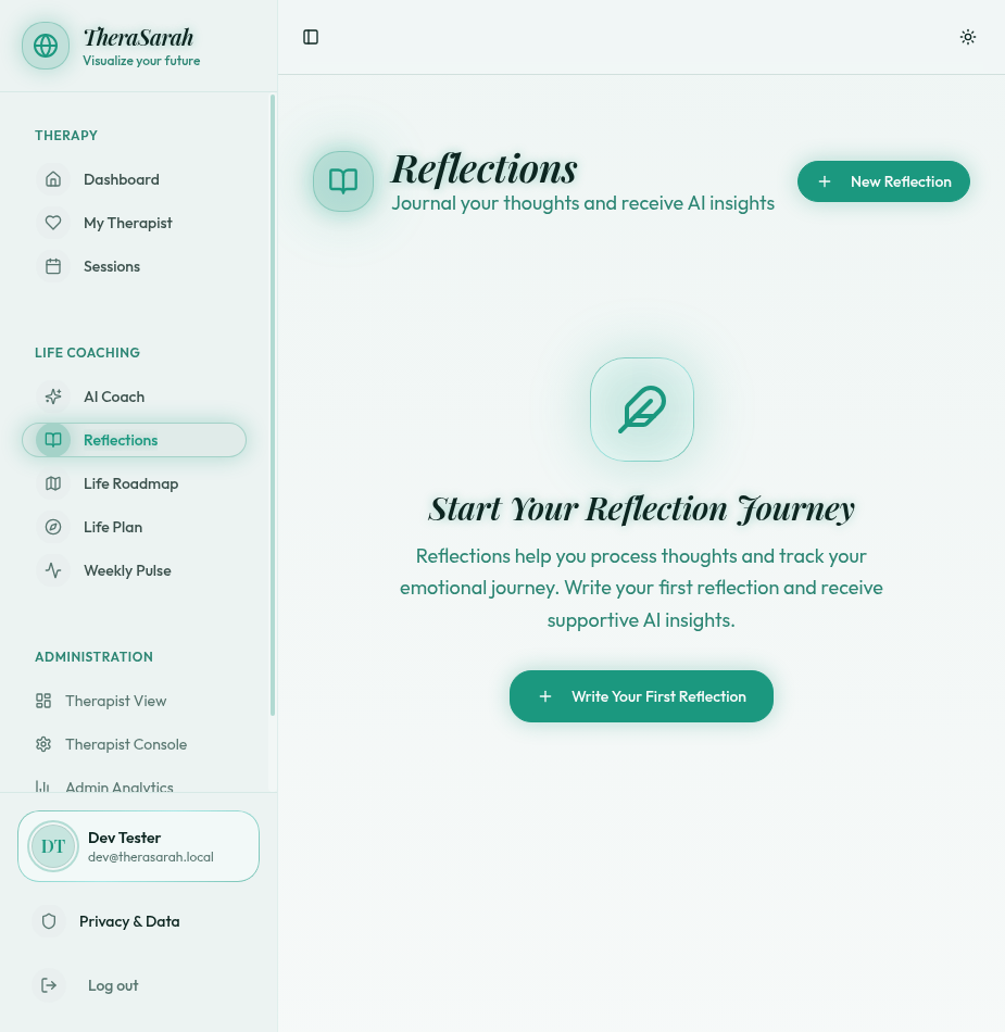 Reflections journal page for processing thoughts and receiving AI-powered emotional insights