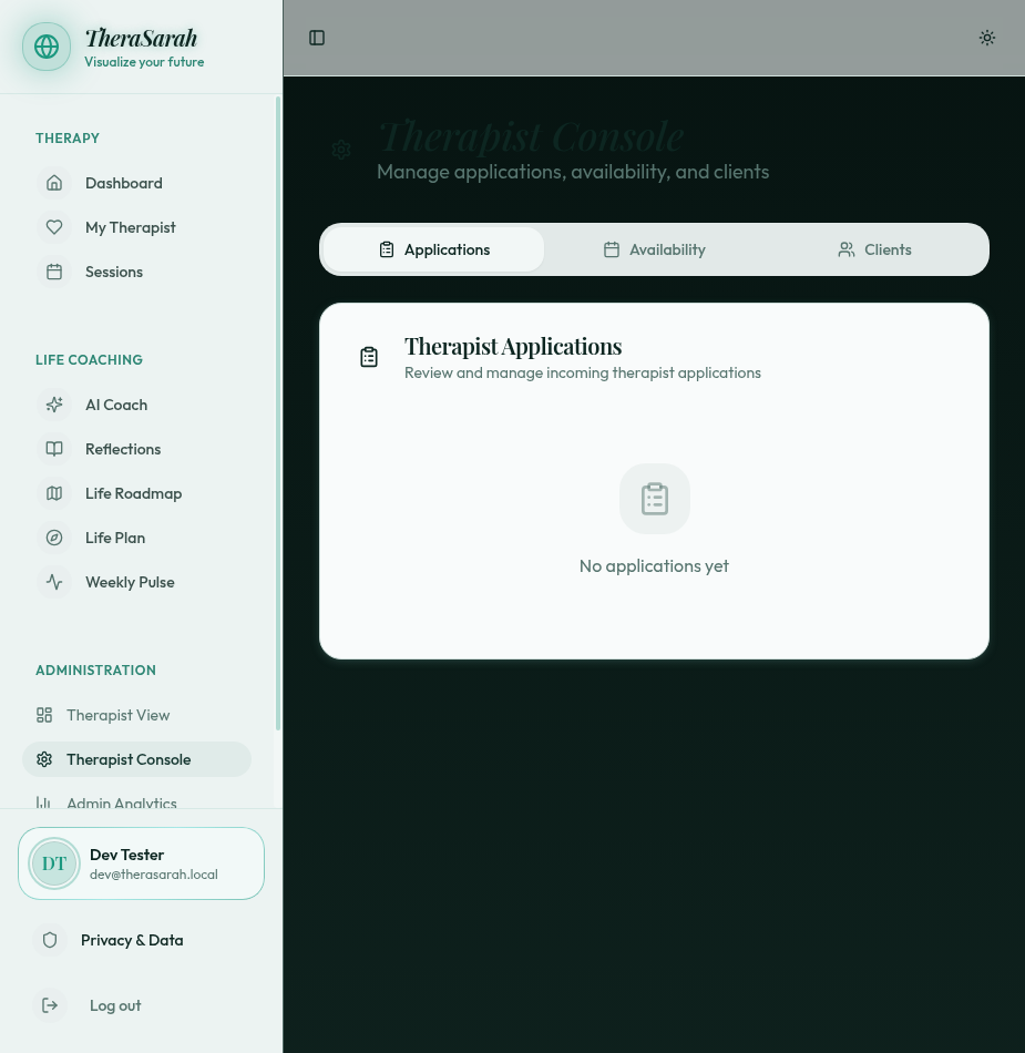 Therapist Console with Applications, Availability, and Clients tabs for clinical oversight and management