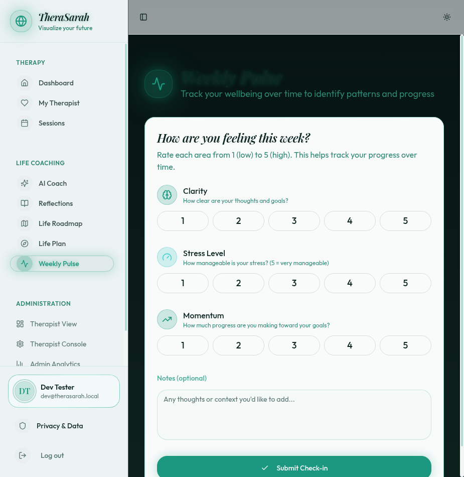 Weekly Pulse check-in with 1-5 ratings for Clarity, Stress Level, and Momentum to track wellbeing over time