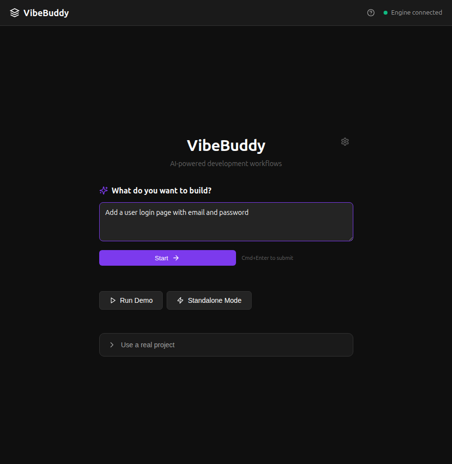 VibeBuddy intent input with 'Add a user login page with email and password' typed as a build prompt