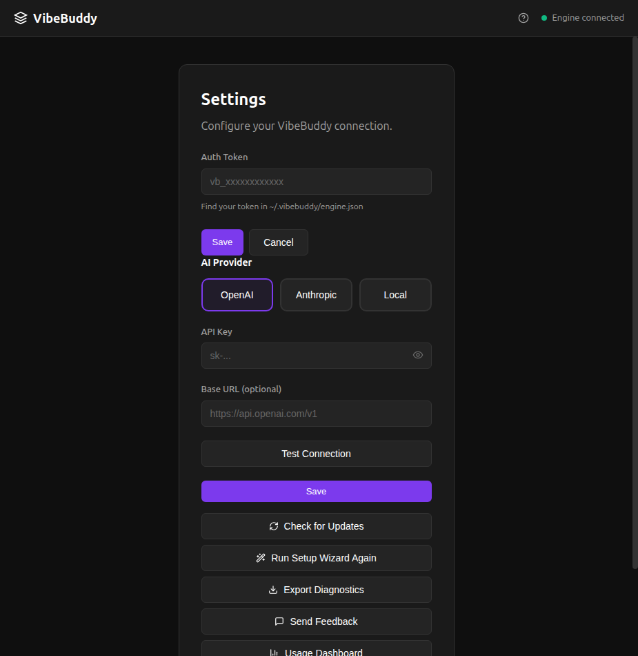 VibeBuddy settings with AI provider selection for OpenAI, Anthropic, and Local, plus API key configuration