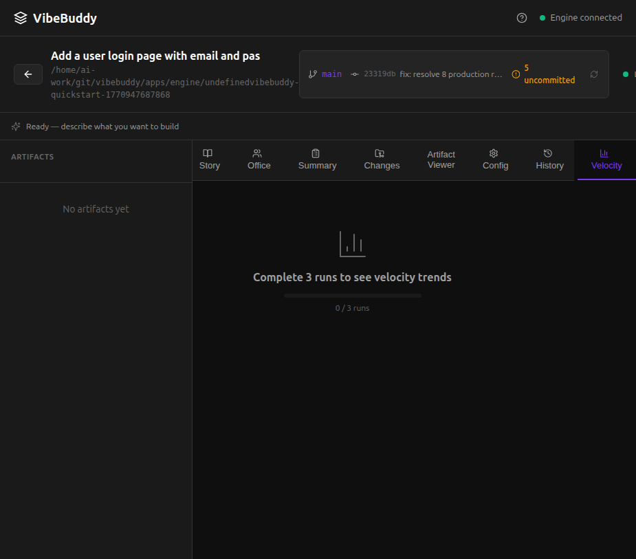VibeBuddy velocity tab showing run progress tracker for developer productivity trends