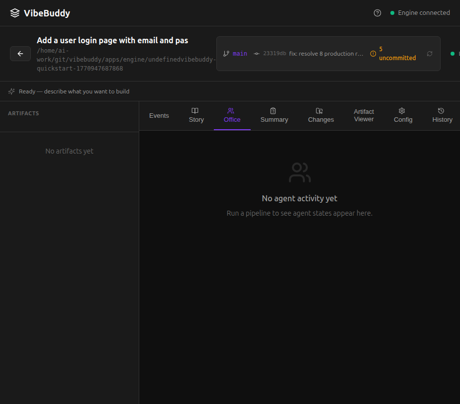 VibeBuddy pipeline workspace with Office tab, git branch info, commit hash, and agent activity panel