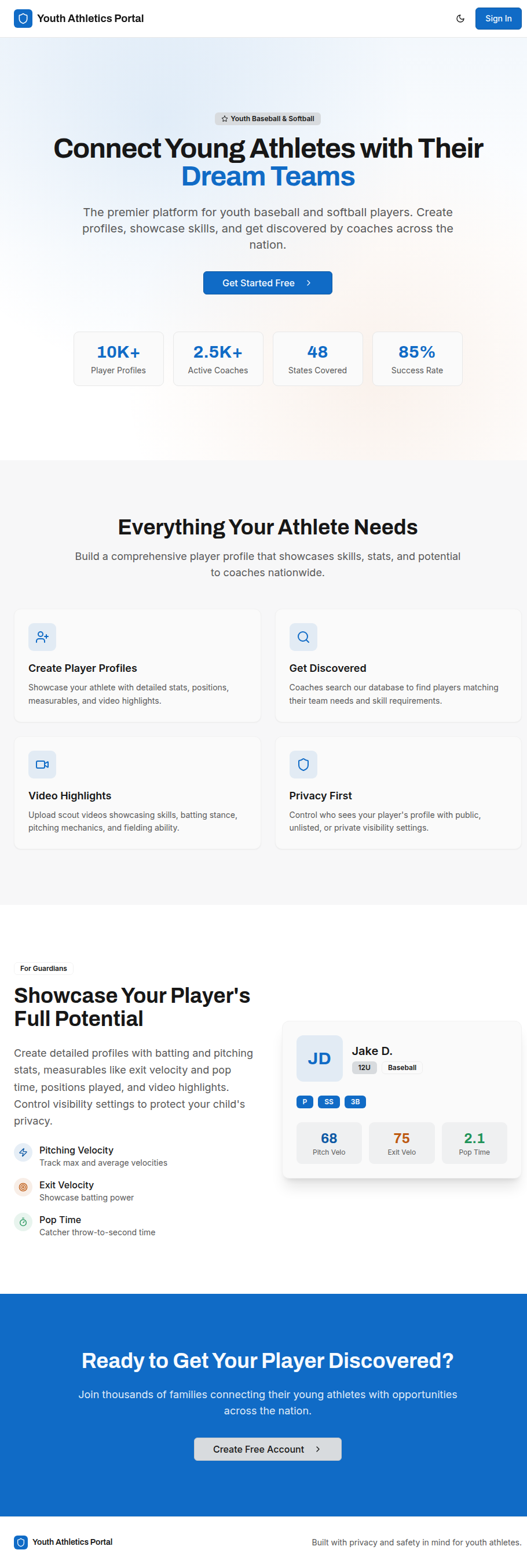 Youth Athletics Portal landing page with 10K+ player profiles, feature highlights, and sample player card with measurables
