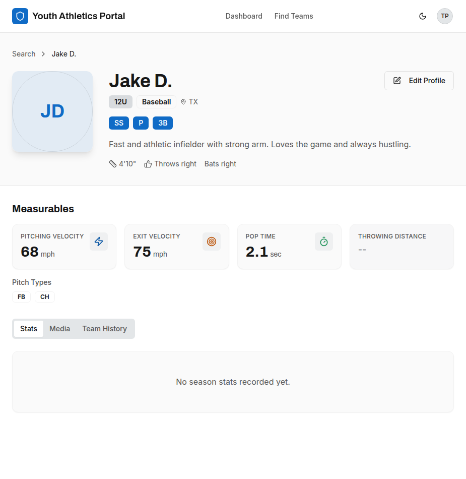 Player profile page with positions, bio, measurables for pitching velocity, exit velocity, and pop time