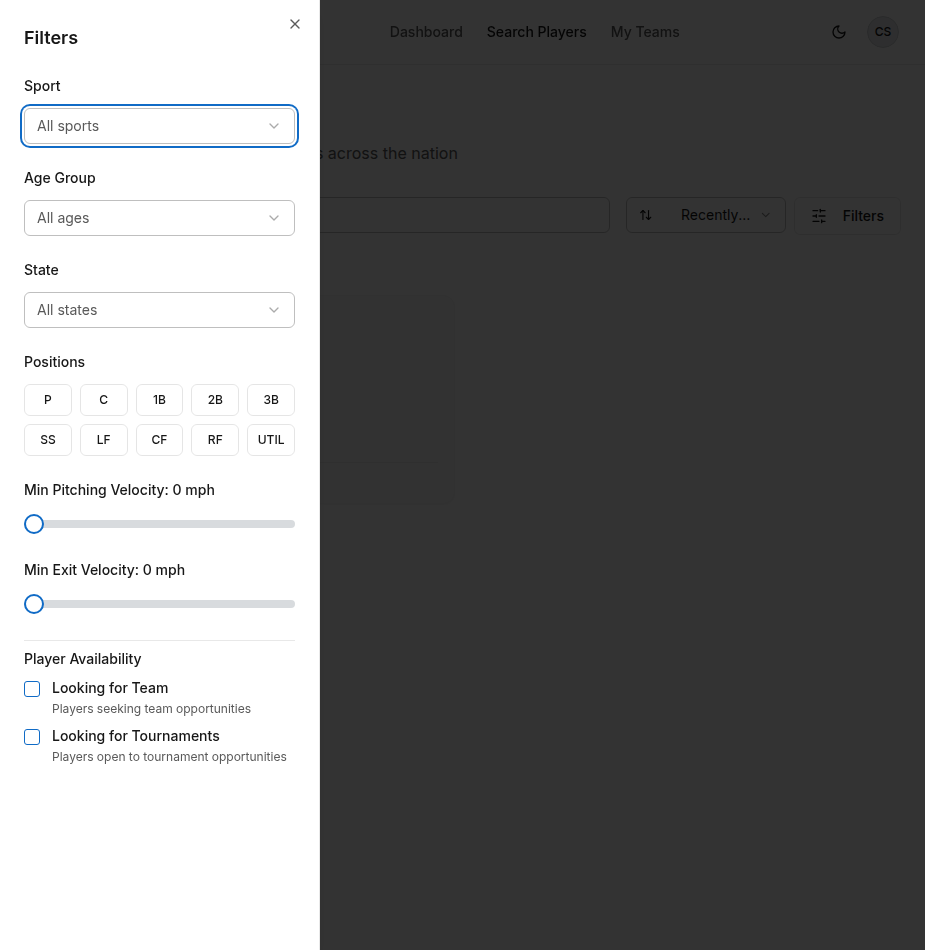 Search filters panel with sport, age group, state, position grid, velocity sliders, and player availability checkboxes